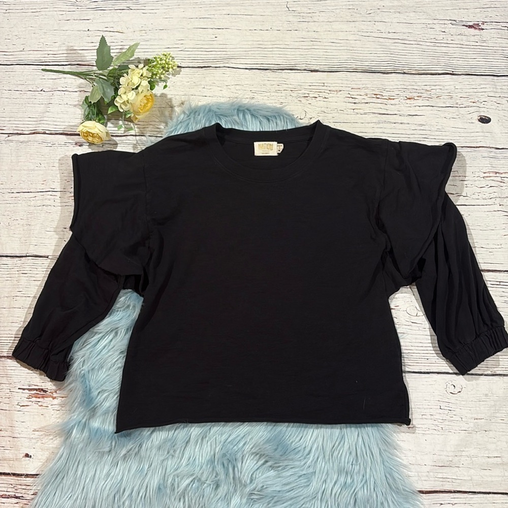 Nation LTD Marlow Balloon Sleeve Ruffle Tee in Black